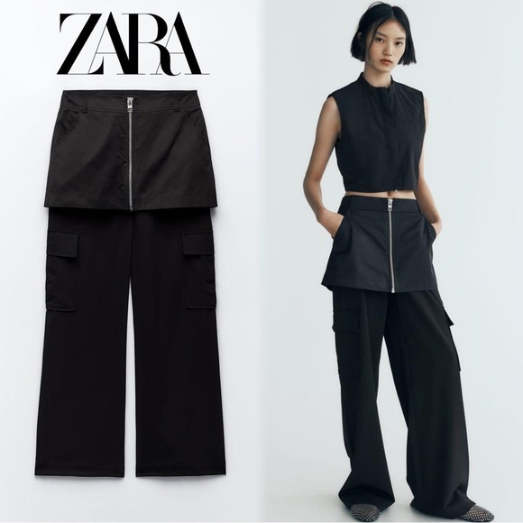 NWT Zara Black Mini Skirt Over Cargo Pants Front Zipper Y2K Goth Edgy Womens XS - Picture 2 of 2